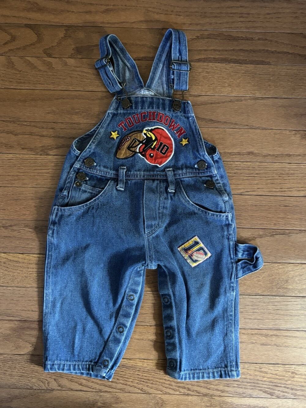Vintage 90s Baby Denim Overalls 12M Touchdown Football Embroidered Carpenter